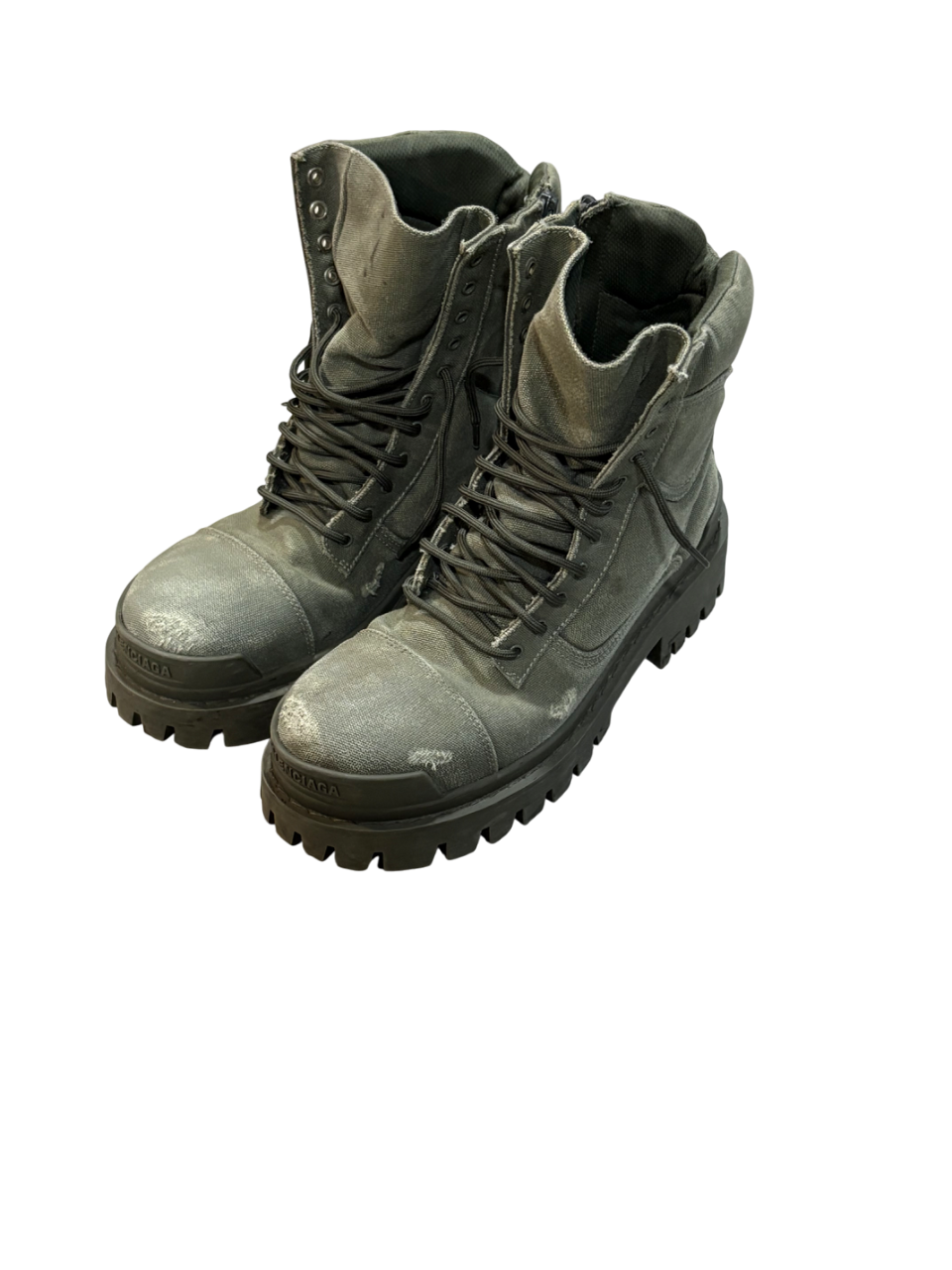 Balenciaga Distressed Canvas Khaki Green Boots