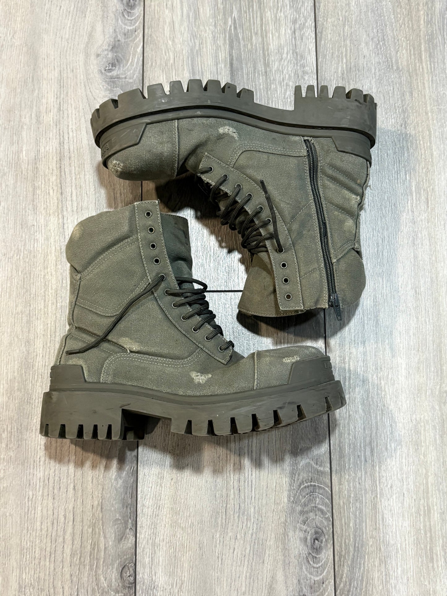 Balenciaga Distressed Canvas Khaki Green Boots