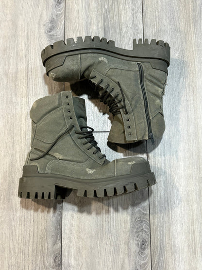 Balenciaga Distressed Canvas Khaki Green Boots