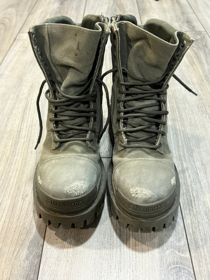 Balenciaga Distressed Canvas Khaki Green Boots