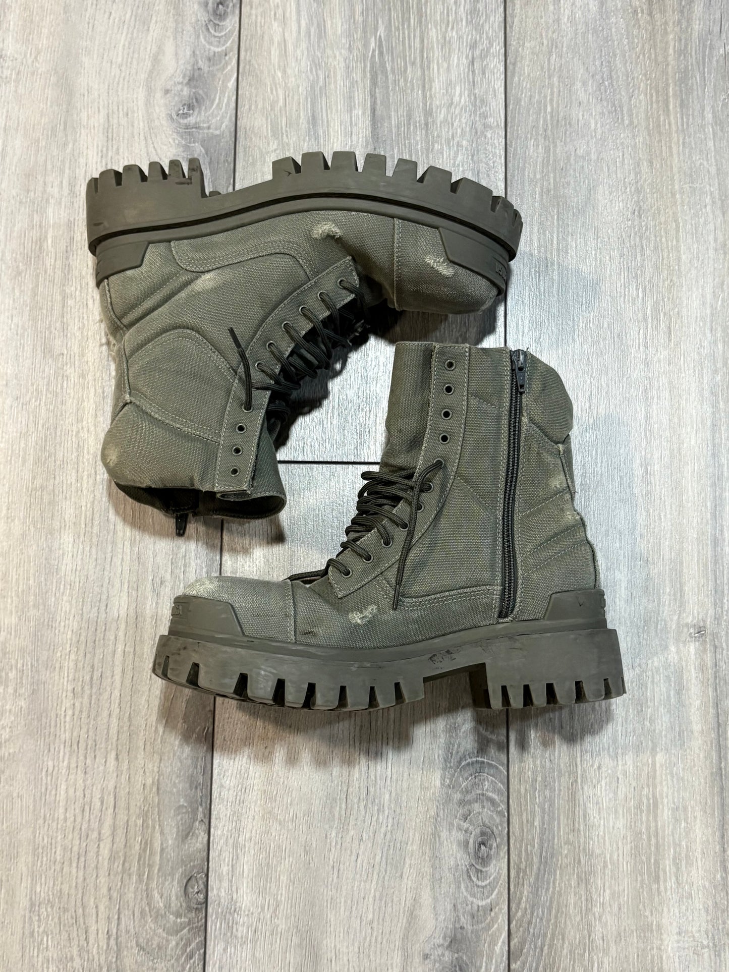 Balenciaga Distressed Canvas Khaki Green Boots