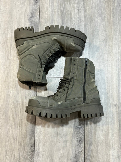 Balenciaga Distressed Canvas Khaki Green Boots
