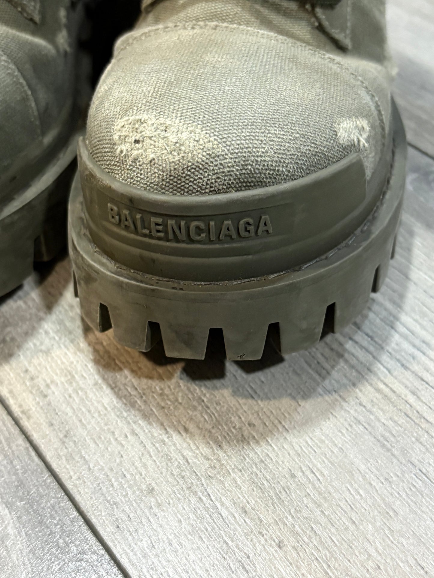 Balenciaga Distressed Canvas Khaki Green Boots