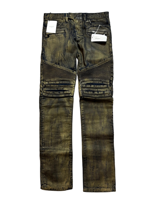 Balmain AW16 Gold Waxed Biker Denim